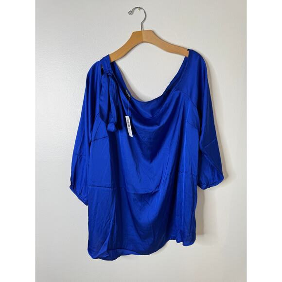NWT Torrid 2X Satin Tie Front Off Shoulder Long Sleeve Blouse Surf the Web Blue - Picture 2 of 9